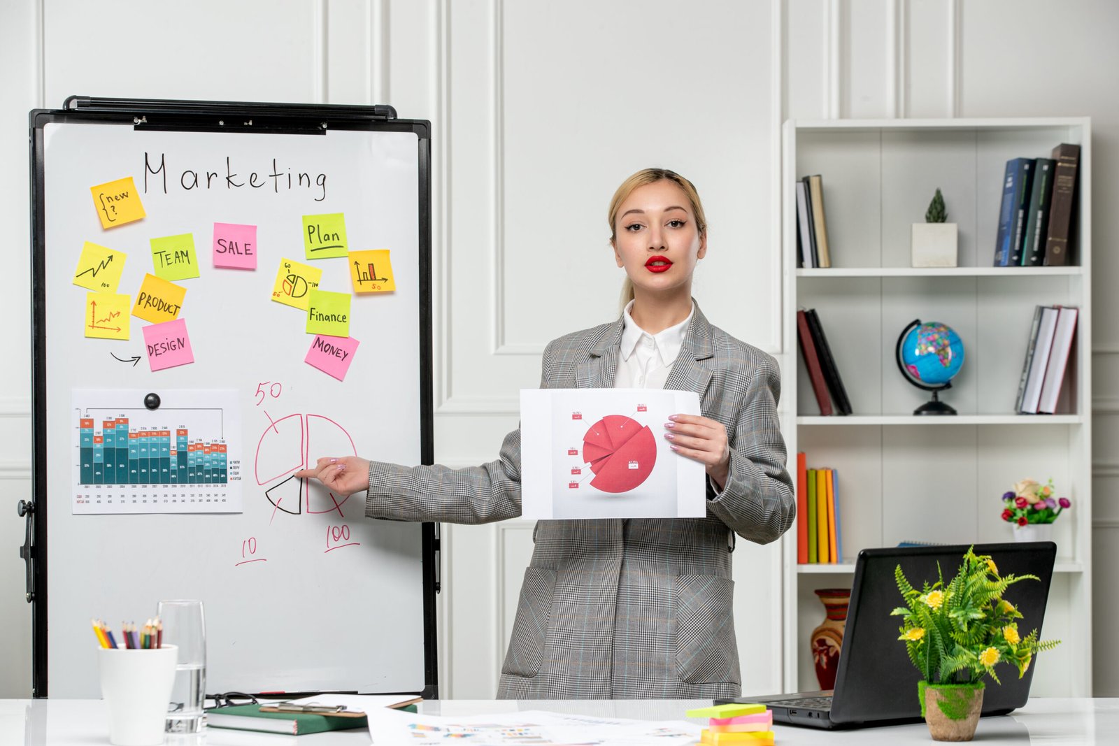 marketing young pretty cute business lady grey blazer office explaining pie chart